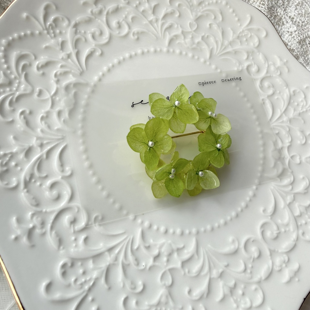 no.418 グリーンmixの紫陽花ブローチ 本物のお花 帯留金具付き 帯留 着物 ブローチ ハンドメイド