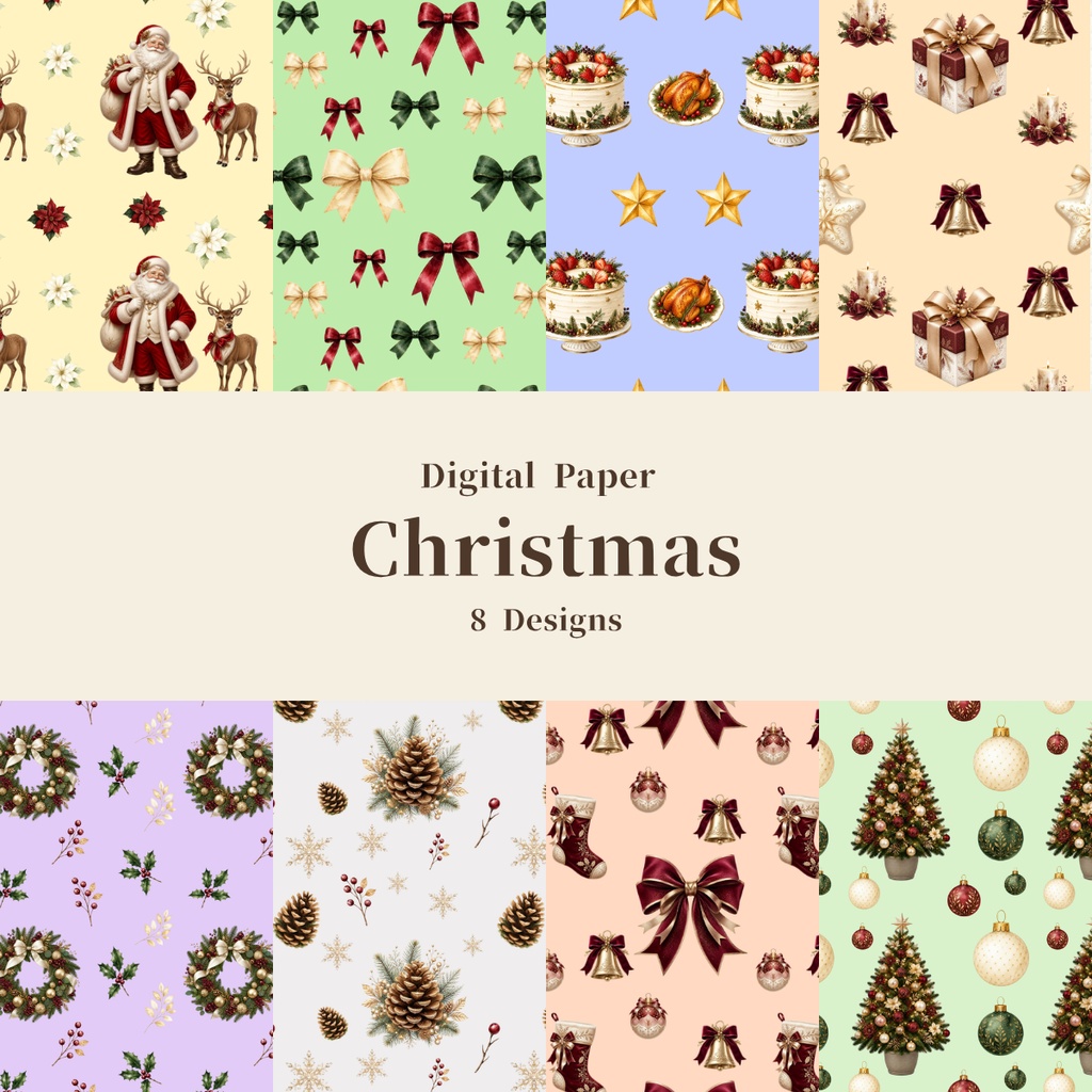 クリスマス デジタルペーパー 8種セット｜水彩風・シームレス
