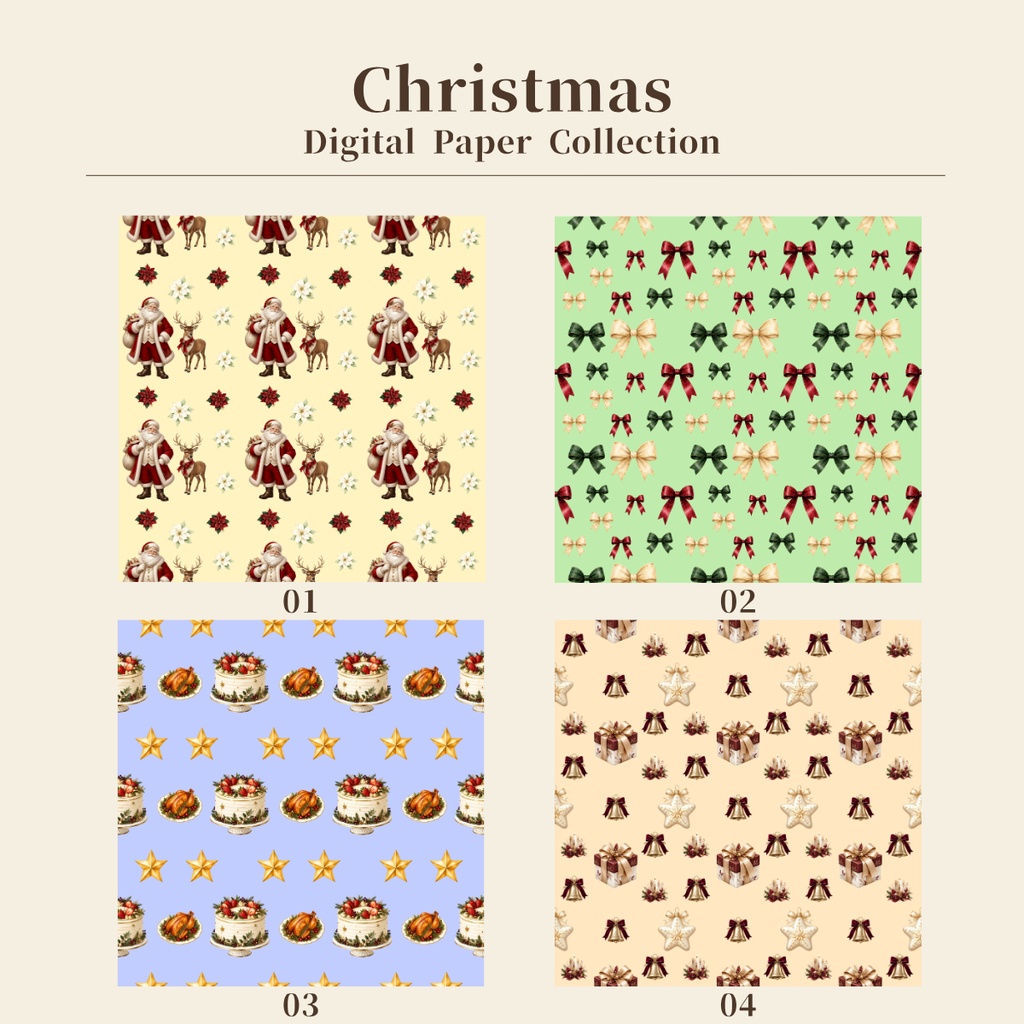 クリスマス デジタルペーパー 8種セット|水彩風・シームレス