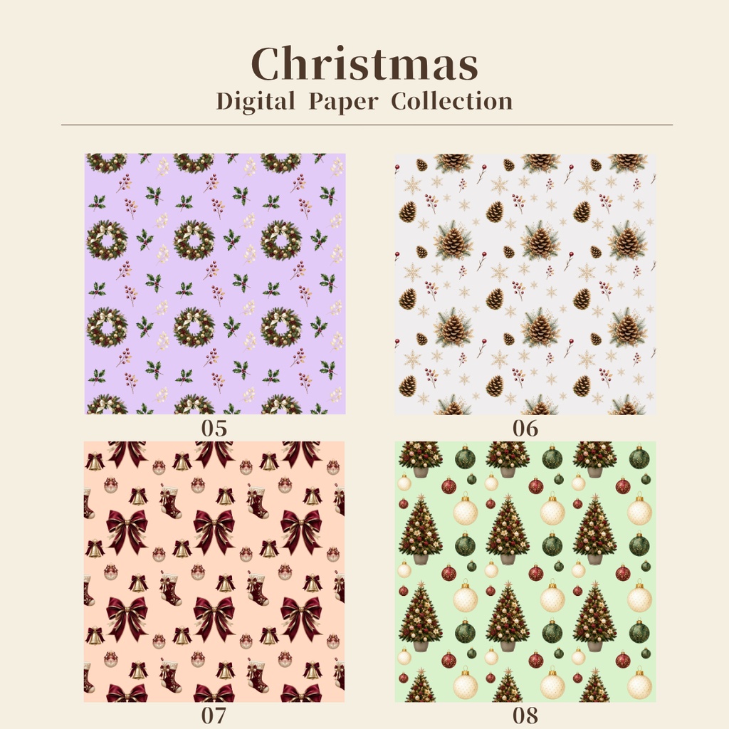 クリスマス デジタルペーパー 8種セット|水彩風・シームレス