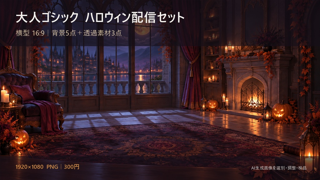 【横型配信背景】大人ゴシック ハロウィン配信セット｜背景5点＋透過素材3点