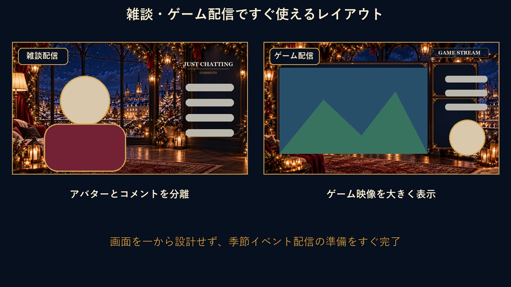 【横型配信素材】上品な聖夜のクリスマス配信スターター|背景5点+透過PNG2点