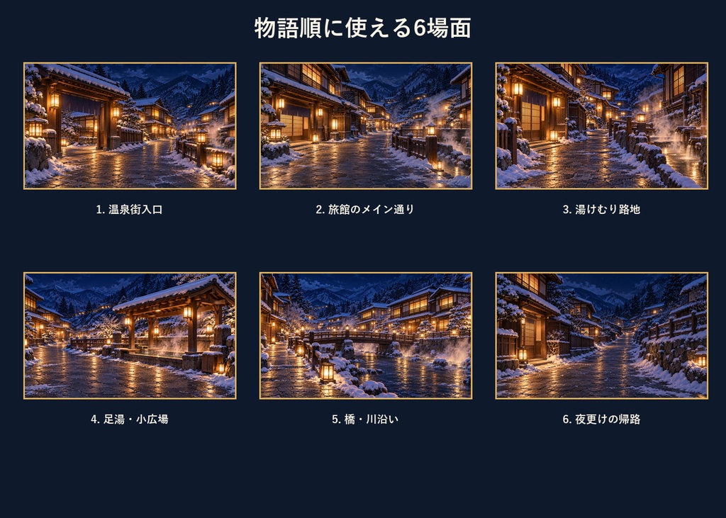 【TRPG・ゲーム背景素材】雪の温泉街・冬夜の探索背景|6場面・12枚