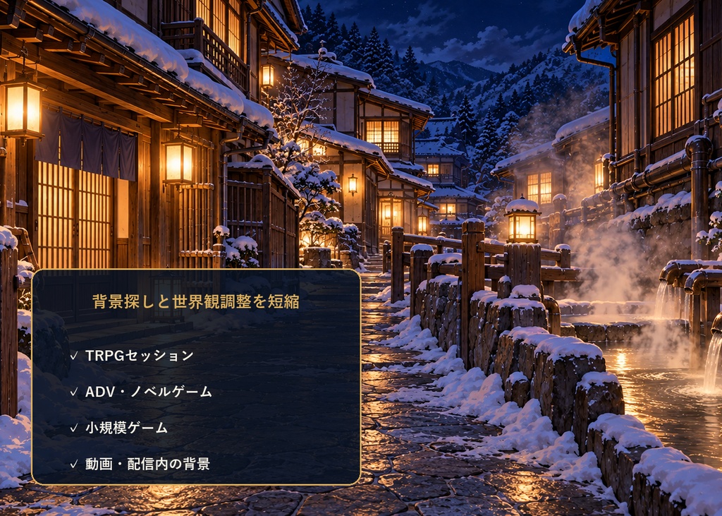 【TRPG・ゲーム背景素材】雪の温泉街・冬夜の探索背景|6場面・12枚