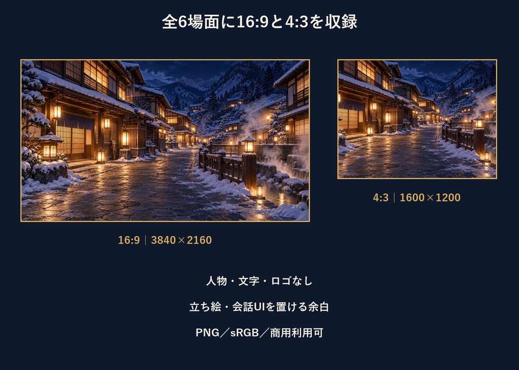 【TRPG・ゲーム背景素材】雪の温泉街・冬夜の探索背景|6場面・12枚