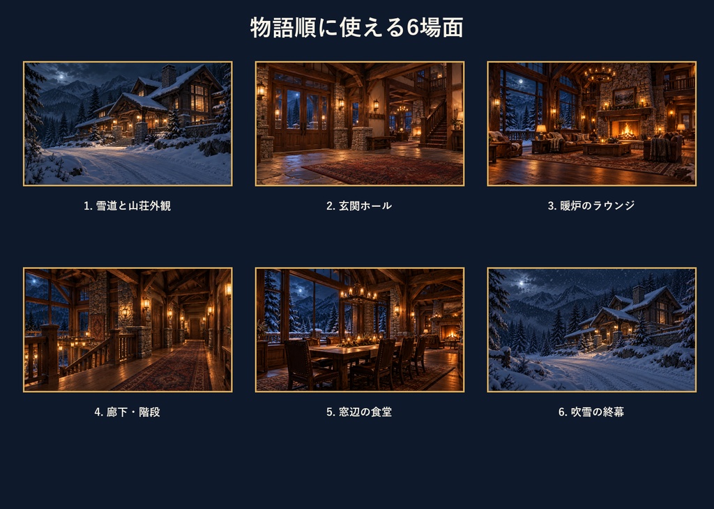 【TRPG・ゲーム背景素材】雪に閉ざされた山荘・冬の物語背景|6場面・12枚