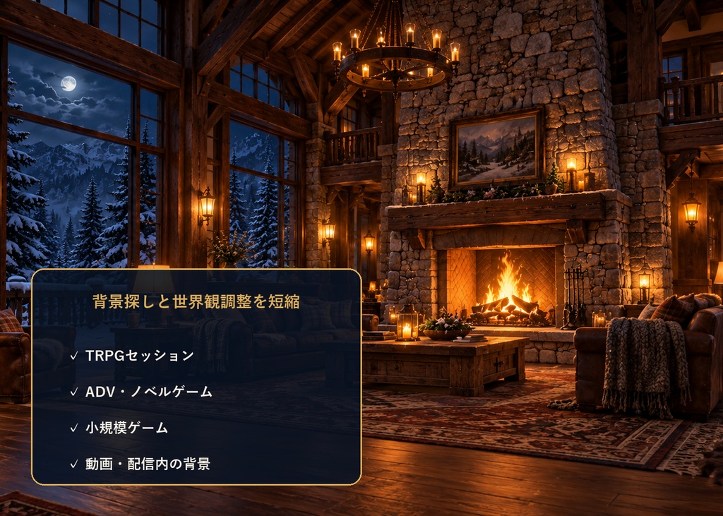 【TRPG・ゲーム背景素材】雪に閉ざされた山荘・冬の物語背景|6場面・12枚