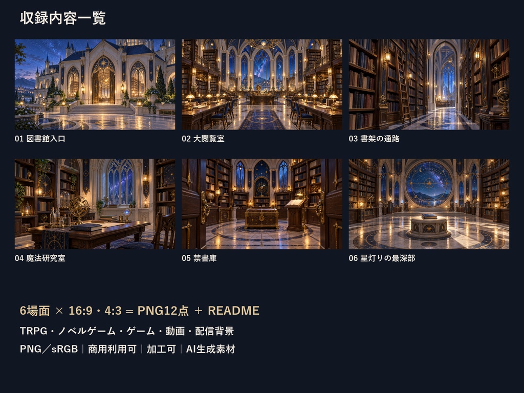 【TRPG・ゲーム背景素材】星灯りの魔法図書館・調査ルート背景|6場面・12枚