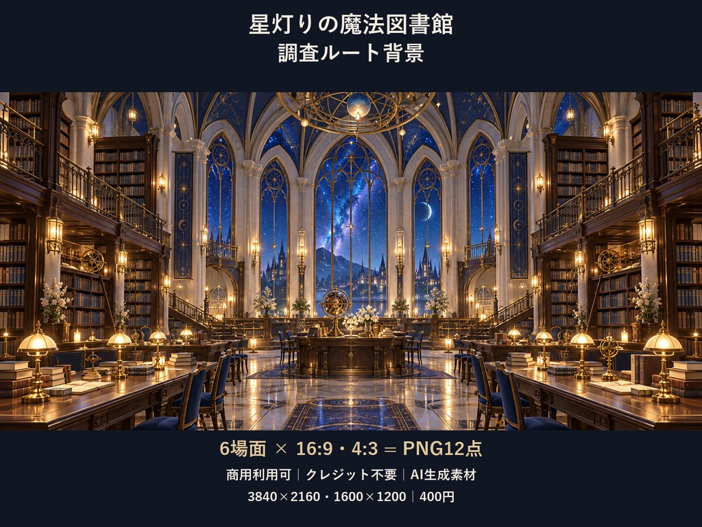 【TRPG・ゲーム背景素材】星灯りの魔法図書館・調査ルート背景|6場面・12枚