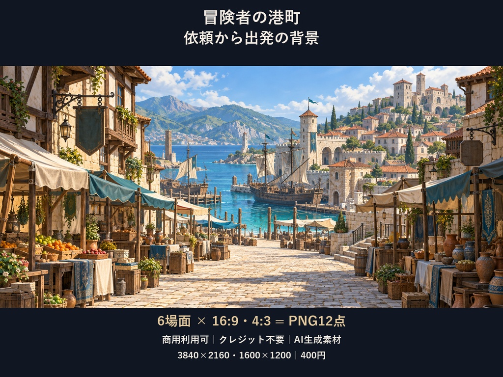 【TRPG・ゲーム背景素材】冒険者の港町・依頼から出発の背景｜6場面・12枚