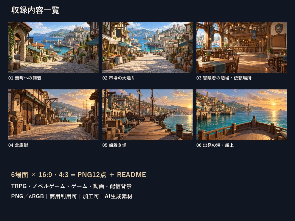 【TRPG・ゲーム背景素材】冒険者の港町・依頼から出発の背景|6場面・12枚