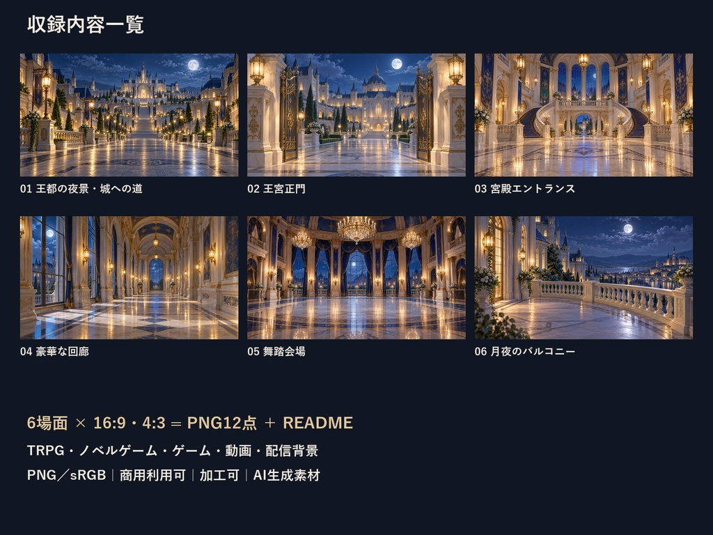 【TRPG・ゲーム背景素材】王都の夜・舞踏会へ向かう宮廷ルート背景|6場面・12枚