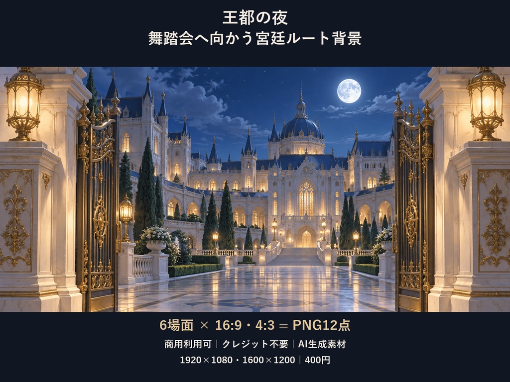 【TRPG・ゲーム背景素材】王都の夜・舞踏会へ向かう宮廷ルート背景｜6場面・12枚