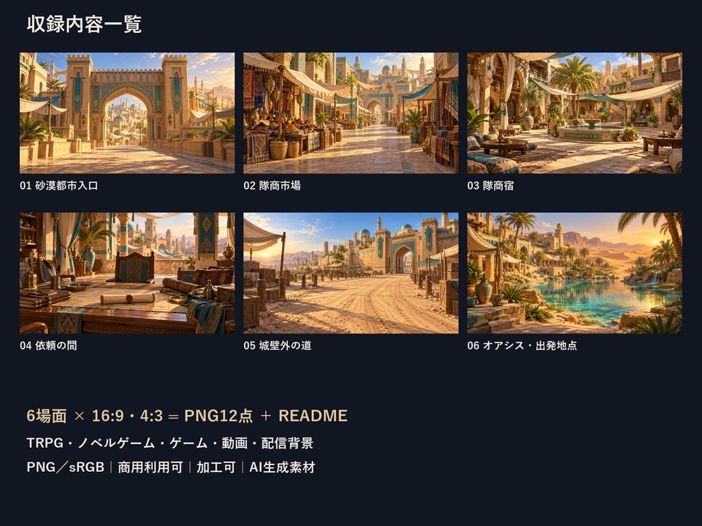 【TRPG・ゲーム背景素材】砂漠の隊商都市・依頼からオアシス出発の背景|6場面・12枚