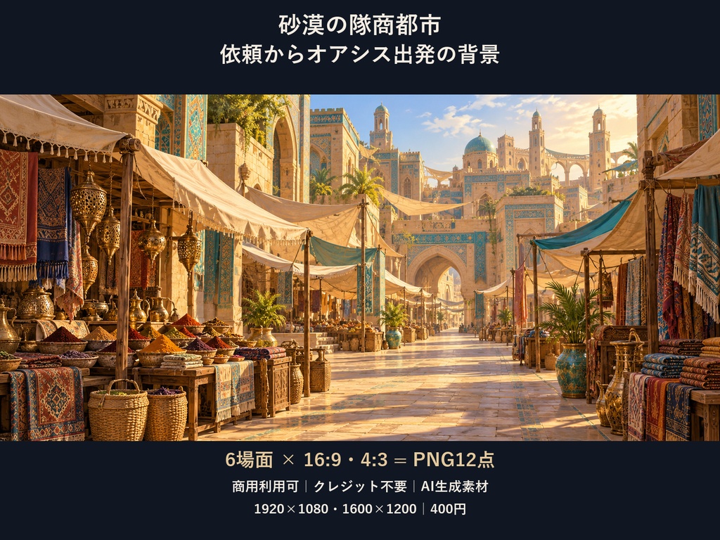 【TRPG・ゲーム背景素材】砂漠の隊商都市・依頼からオアシス出発の背景｜6場面・12枚