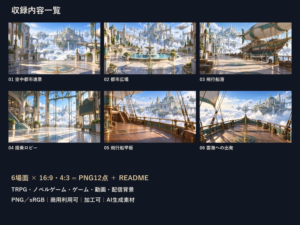 【TRPG・ゲーム背景素材】空中都市・飛行船で旅立つ冒険ルート背景|6場面・12枚
