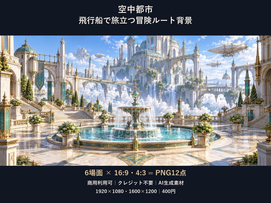 【TRPG・ゲーム背景素材】空中都市・飛行船で旅立つ冒険ルート背景｜6場面・12枚