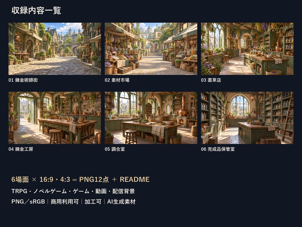 【TRPG・ゲーム背景素材】錬金術師の街・素材集めから調合工房の背景|6場面・12枚