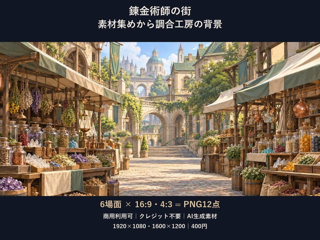 【TRPG・ゲーム背景素材】錬金術師の街・素材集めから調合工房の背景｜6場面・12枚