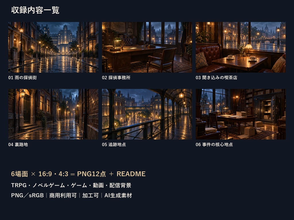 【TRPG・ゲーム背景素材】雨夜の探偵街・依頼から追跡のミステリー背景|6場面・12枚