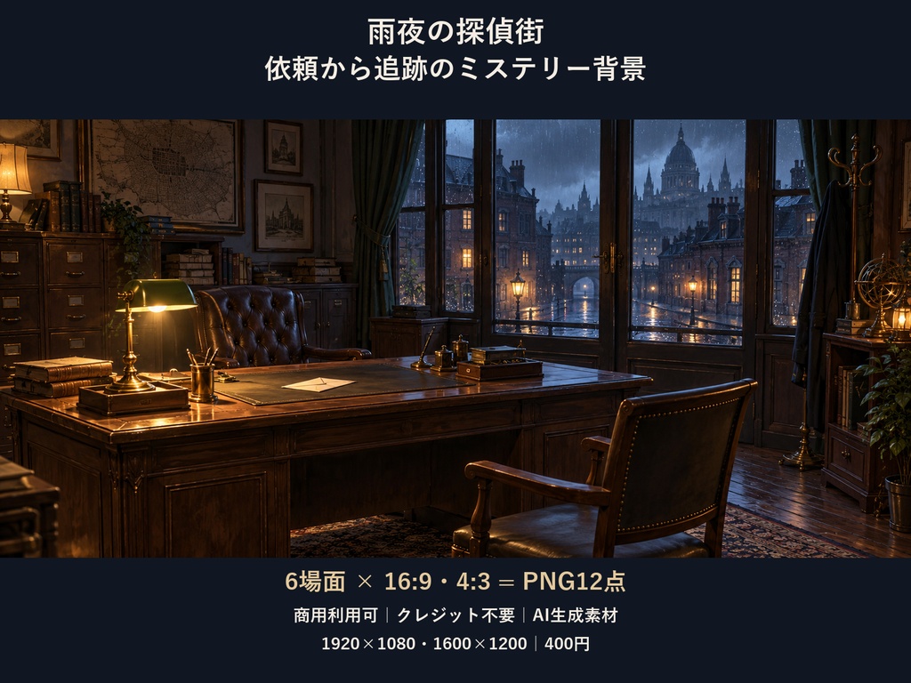 【TRPG・ゲーム背景素材】雨夜の探偵街・依頼から追跡のミステリー背景｜6場面・12枚