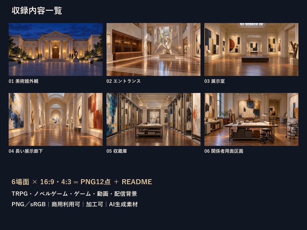 【TRPG・ゲーム背景素材】閉館後の美術館・展示室から収蔵庫の探索背景|6場面・12枚