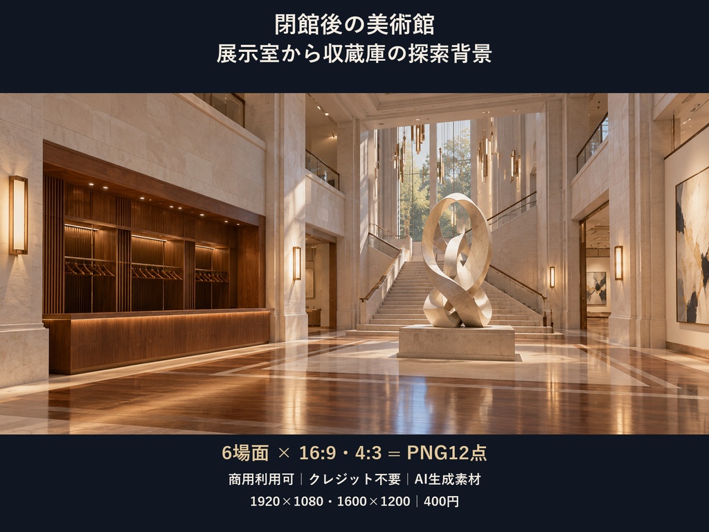 【TRPG・ゲーム背景素材】閉館後の美術館・展示室から収蔵庫の探索背景｜6場面・12枚