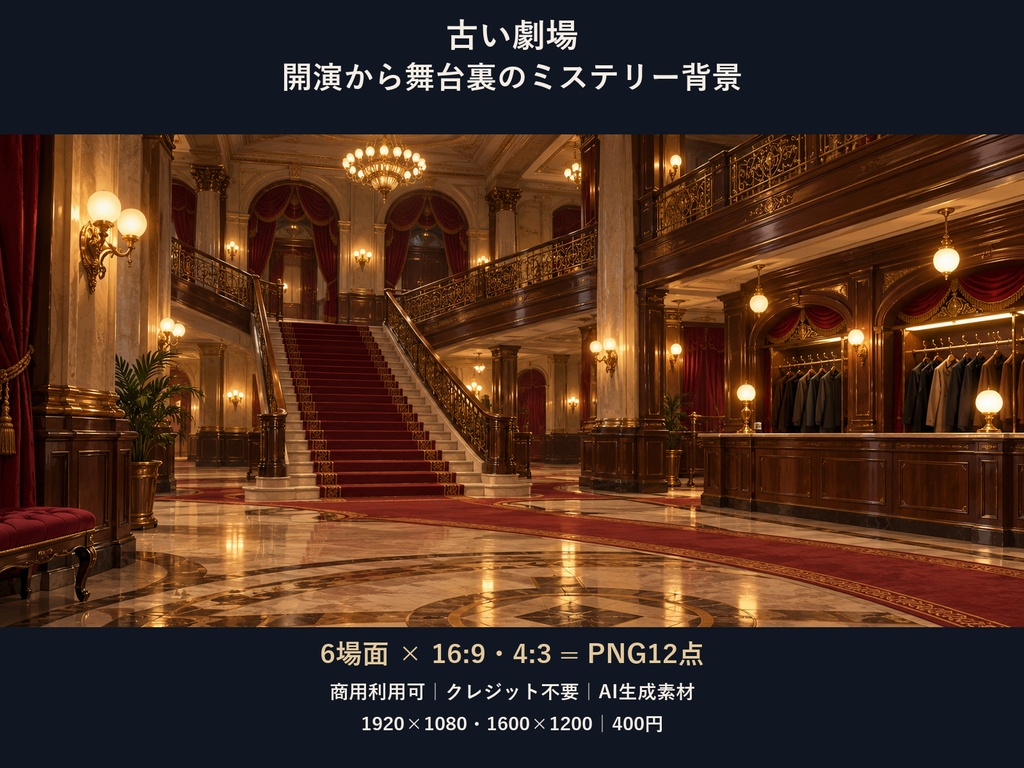 【TRPG・ゲーム背景素材】古い劇場・開演から舞台裏のミステリー背景｜6場面・12枚