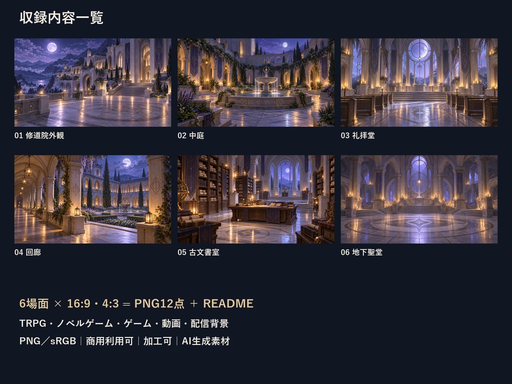 【TRPG・ゲーム背景素材】月夜の修道院・礼拝堂から地下聖堂の探索背景|6場面・12枚