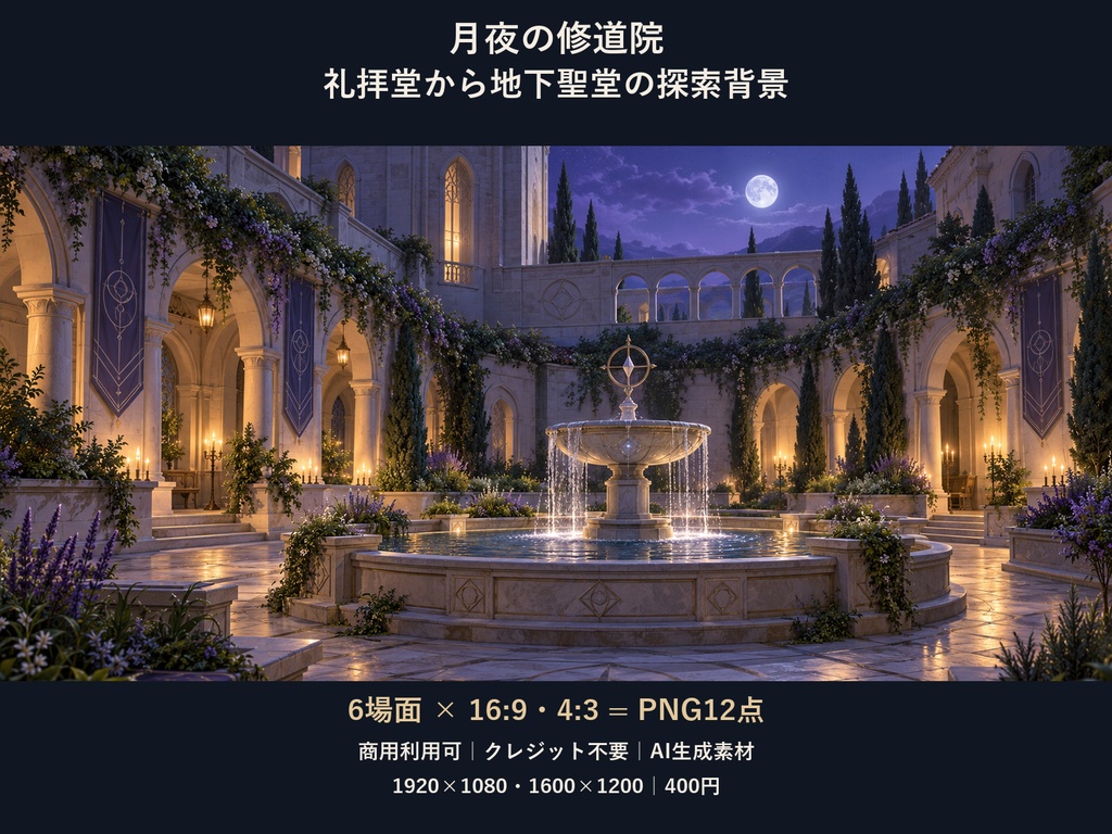 【TRPG・ゲーム背景素材】月夜の修道院・礼拝堂から地下聖堂の探索背景｜6場面・12枚