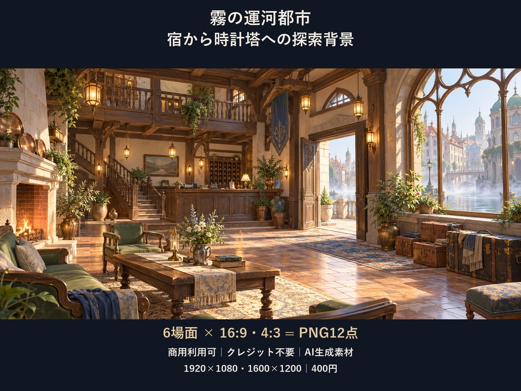 【TRPG・ゲーム背景素材】霧の運河都市・宿から時計塔への探索背景｜6場面・12枚