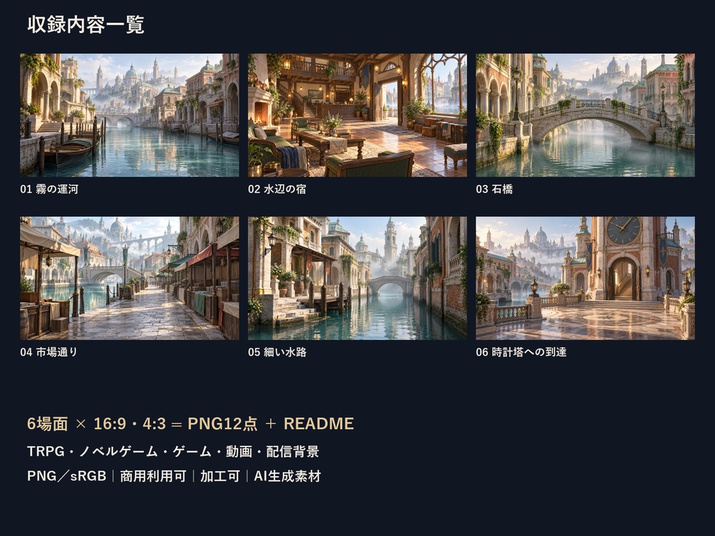 【TRPG・ゲーム背景素材】霧の運河都市・宿から時計塔への探索背景|6場面・12枚