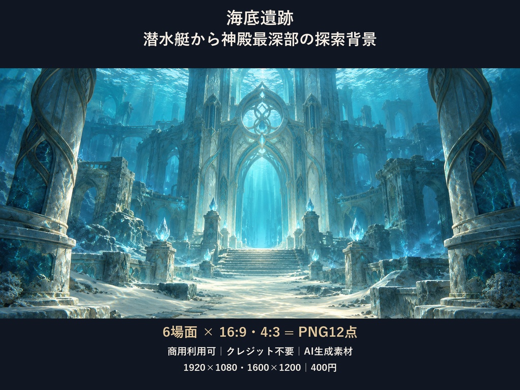 【TRPG・ゲーム背景素材】海底遺跡・潜水艇から神殿最深部の探索背景｜6場面・12枚