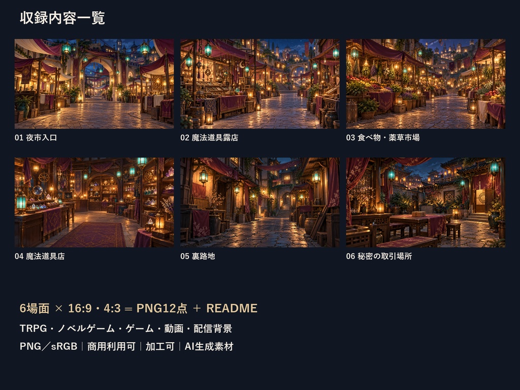 【TRPG・ゲーム背景素材】魔法夜市・買い物から裏路地への探索背景|6場面・12枚