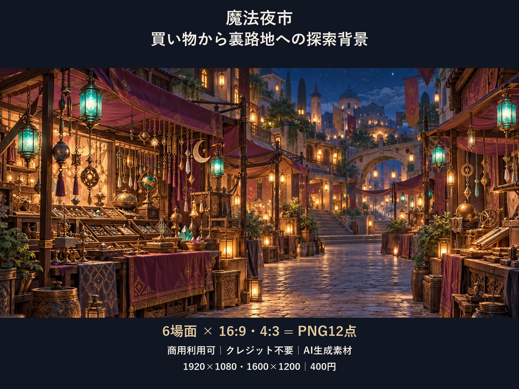 【TRPG・ゲーム背景素材】魔法夜市・買い物から裏路地への探索背景｜6場面・12枚
