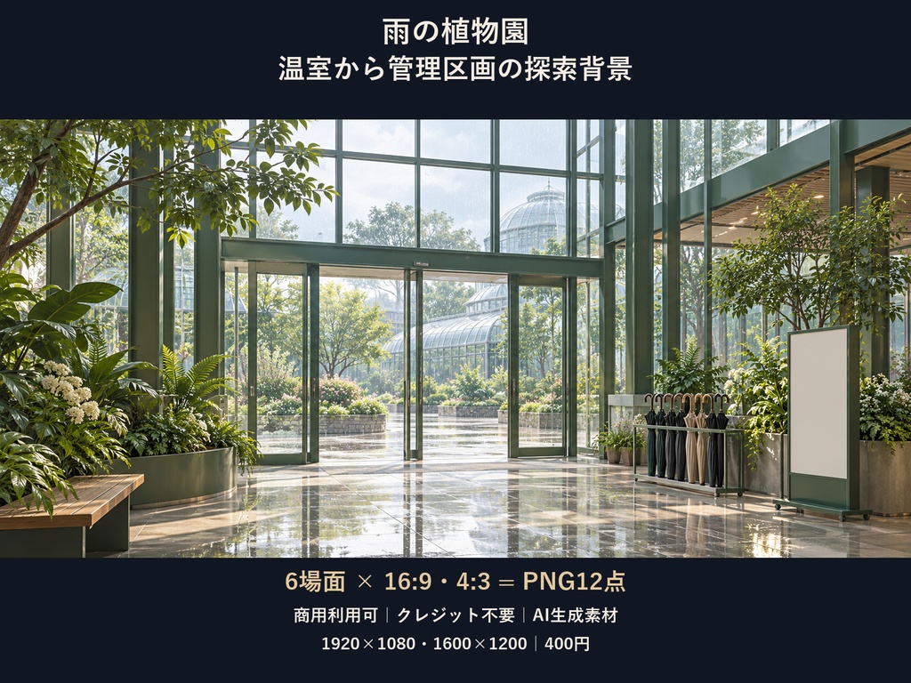 【TRPG・ゲーム背景素材】雨の植物園・温室から管理区画の探索背景｜6場面・12枚