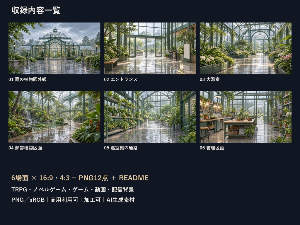 【TRPG・ゲーム背景素材】雨の植物園・温室から管理区画の探索背景|6場面・12枚