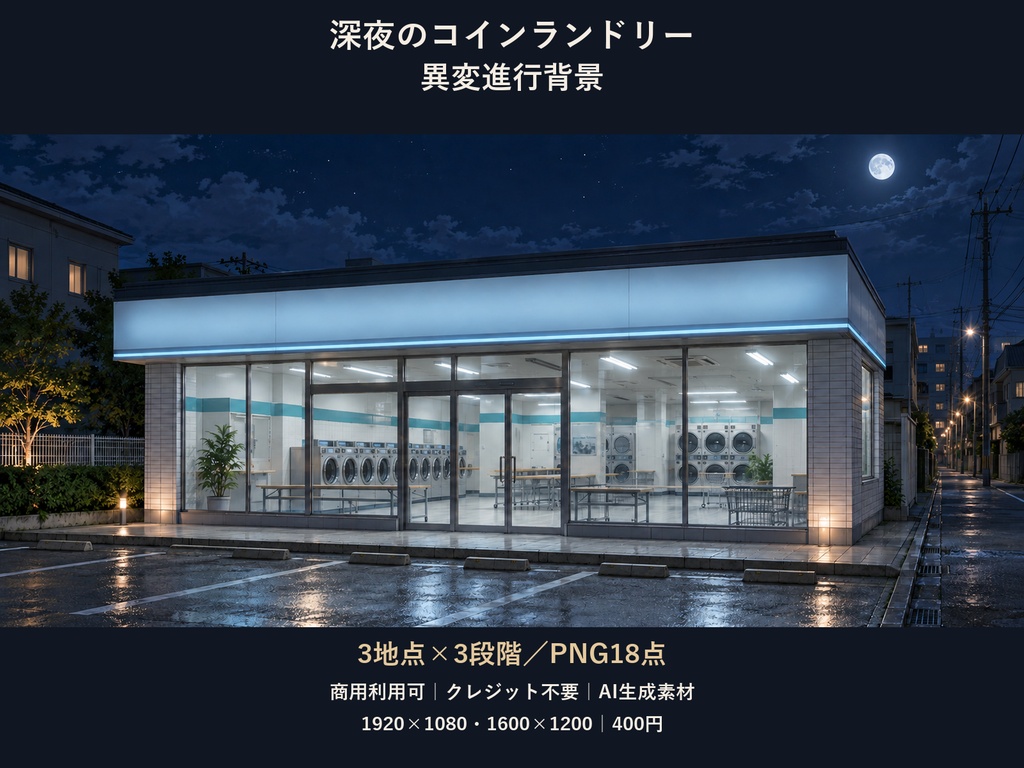 【TRPG・ゲーム背景素材】深夜のコインランドリー・異変進行背景｜3地点×3段階・18枚