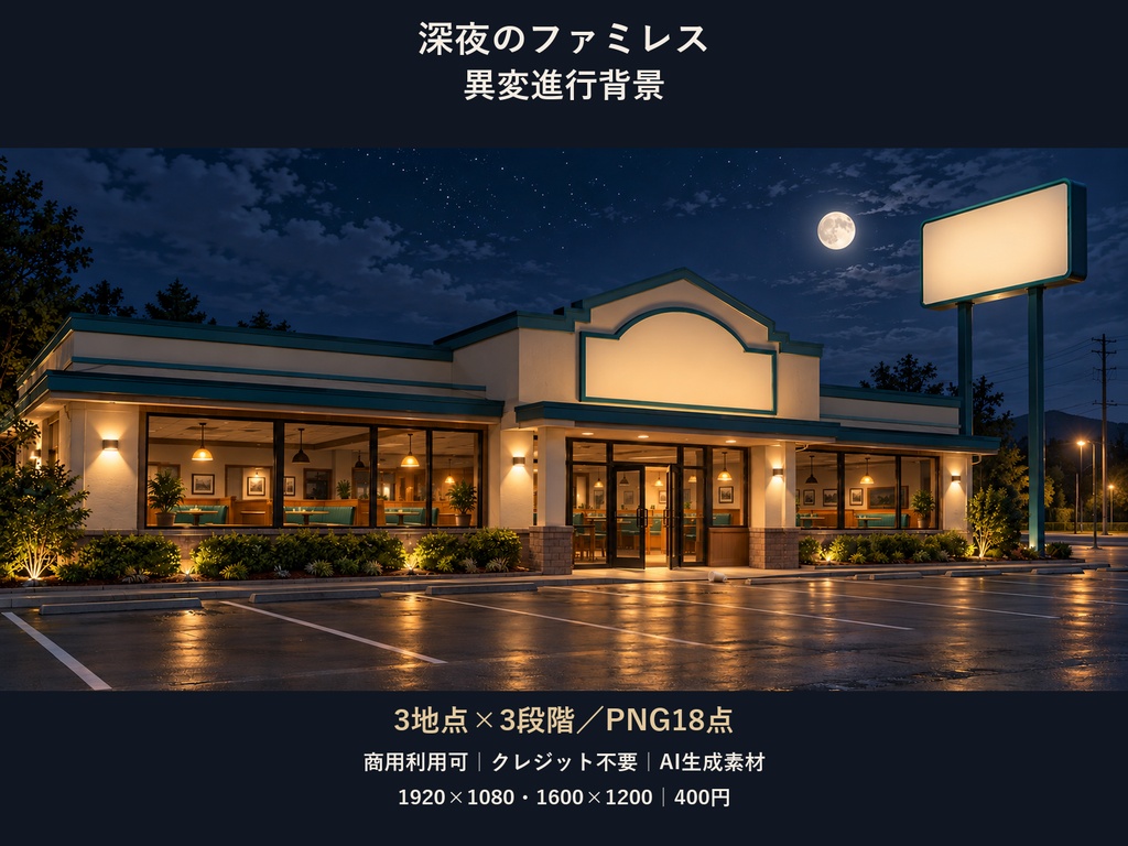 【TRPG・ゲーム背景素材】深夜のファミレス・異変進行背景｜3地点×3段階・18枚