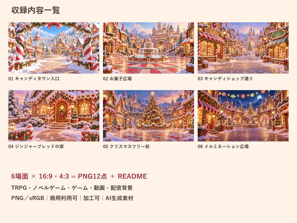 【TRPG・ゲーム背景素材】クリスマスお菓子の街・キャンディタウン散策背景|6場面・12枚
