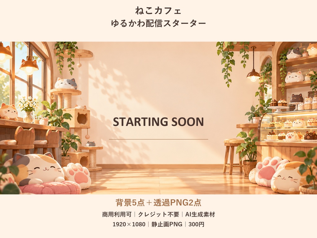 【横型配信素材】ねこカフェ・ゆるかわ配信スターター｜背景5点＋透過PNG2点