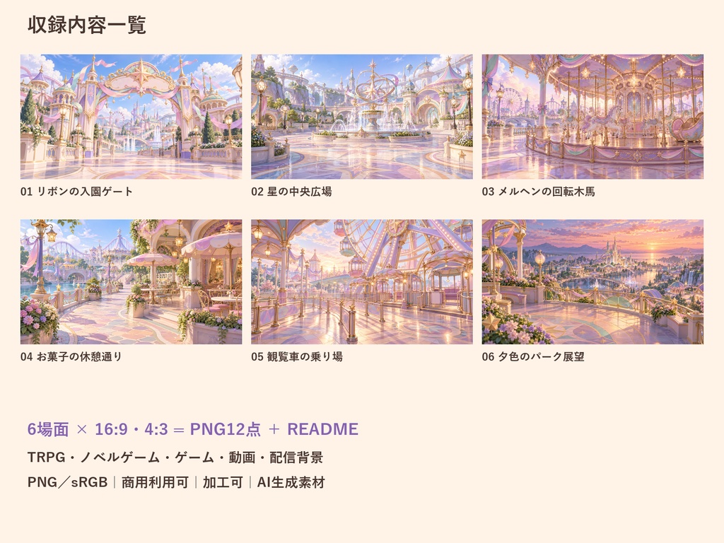 【TRPG・ゲーム背景素材】夢かわ遊園地・散策ルート背景|6場面・12枚