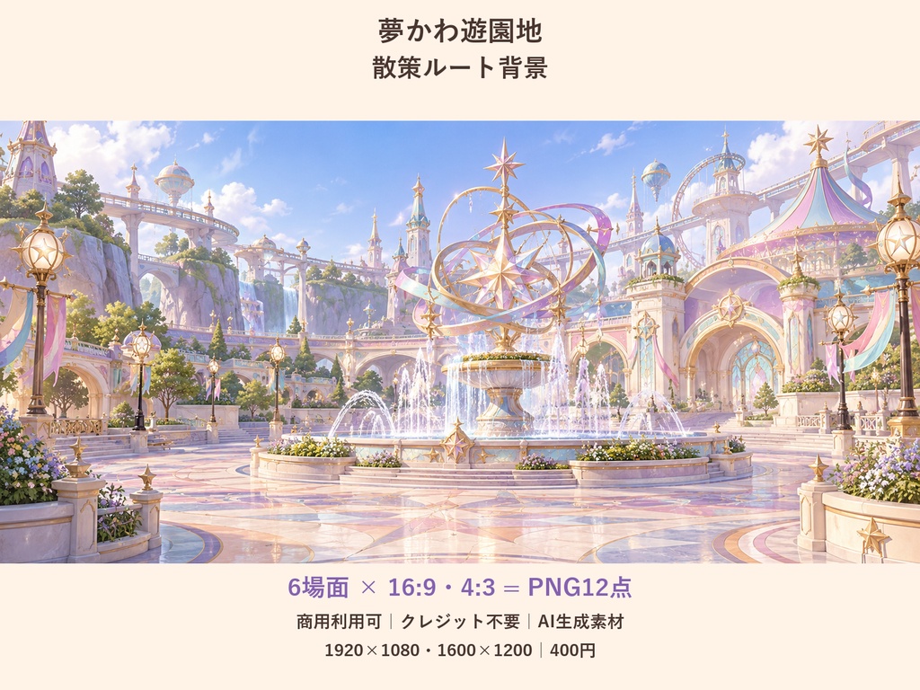 【TRPG・ゲーム背景素材】夢かわ遊園地・散策ルート背景｜6場面・12枚