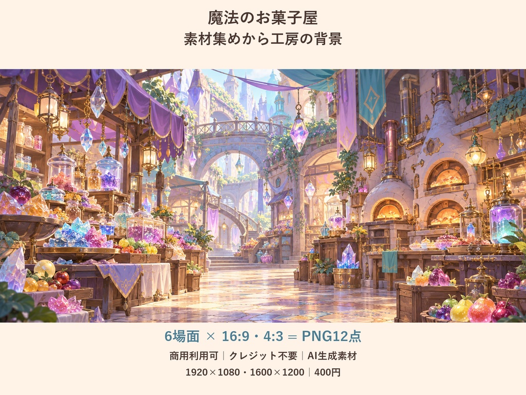 【TRPG・ゲーム背景素材】魔法のお菓子屋・素材集めから工房の背景｜6場面・12枚