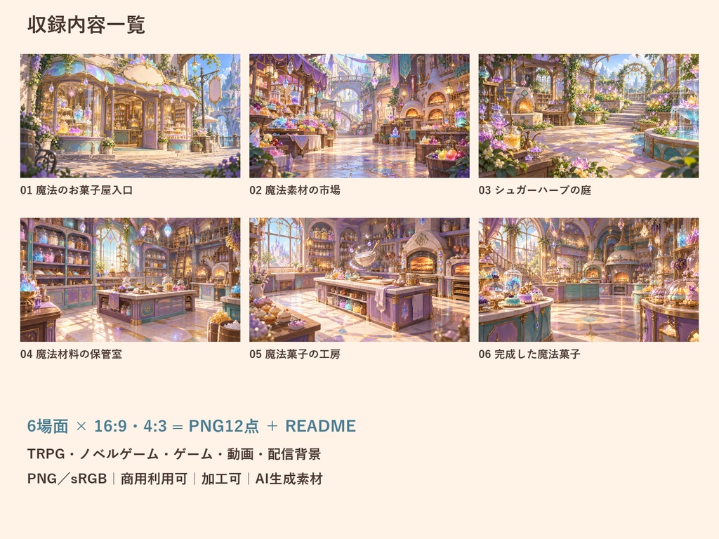 【TRPG・ゲーム背景素材】魔法のお菓子屋・素材集めから工房の背景|6場面・12枚
