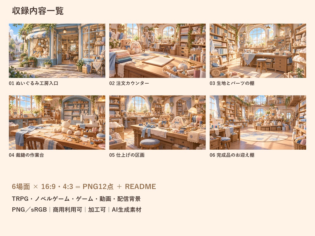 【TRPG・ゲーム背景素材】ぬいぐるみ工房・注文から完成までの背景|6場面・12枚