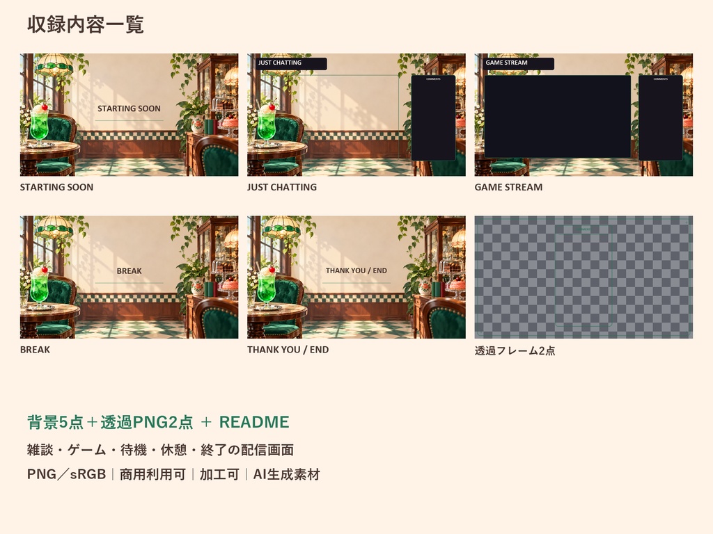 【横型配信素材】レトロ喫茶・クリームソーダ配信スターター|背景5点+透過PNG2点