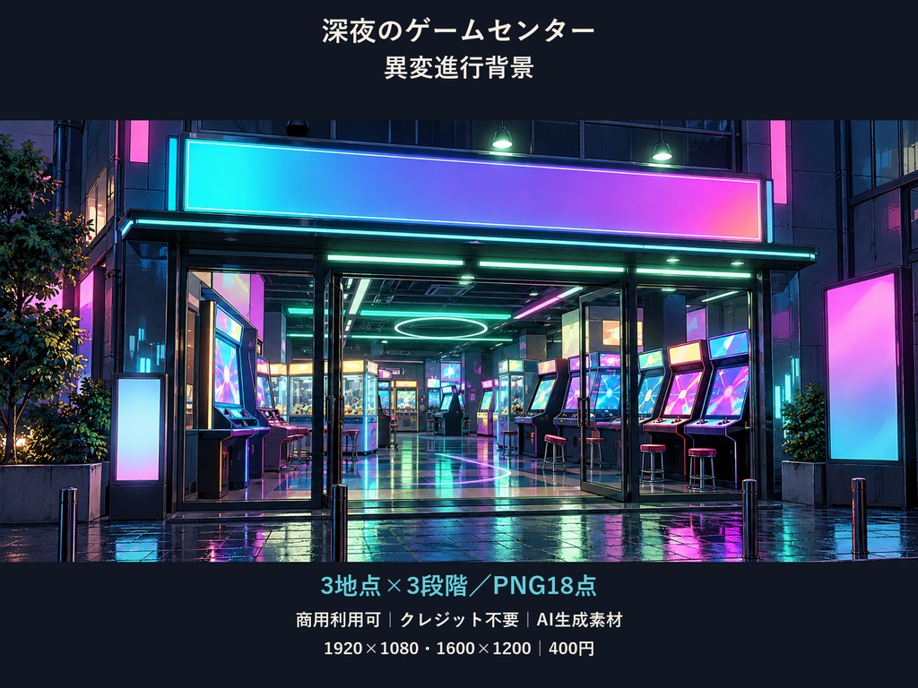 【TRPG・ゲーム背景素材】深夜のゲームセンター・異変進行背景｜3地点×3段階・18枚