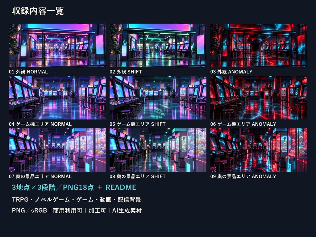 【TRPG・ゲーム背景素材】深夜のゲームセンター・異変進行背景|3地点×3段階・18枚