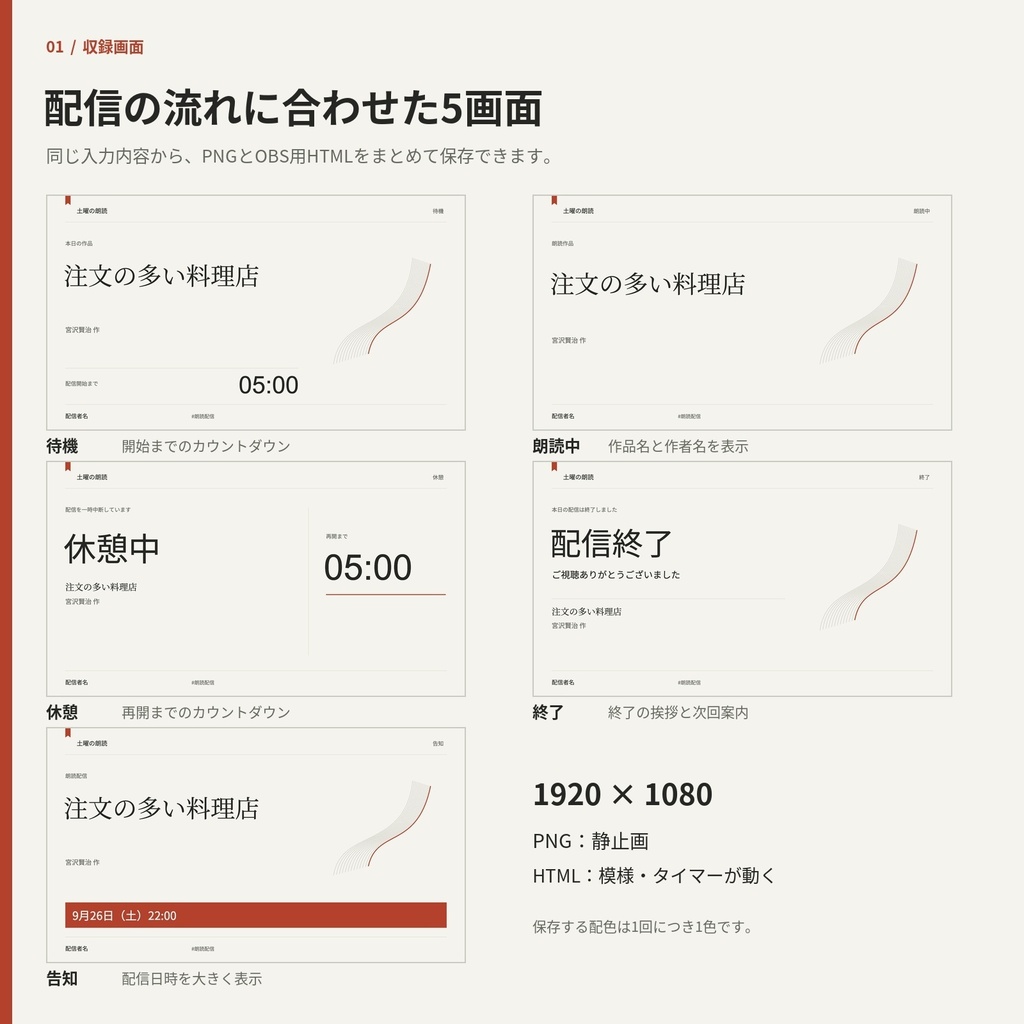 SHIORI|朗読配信の5画面を作る編集キット【無料版あり・OBS/PNG】